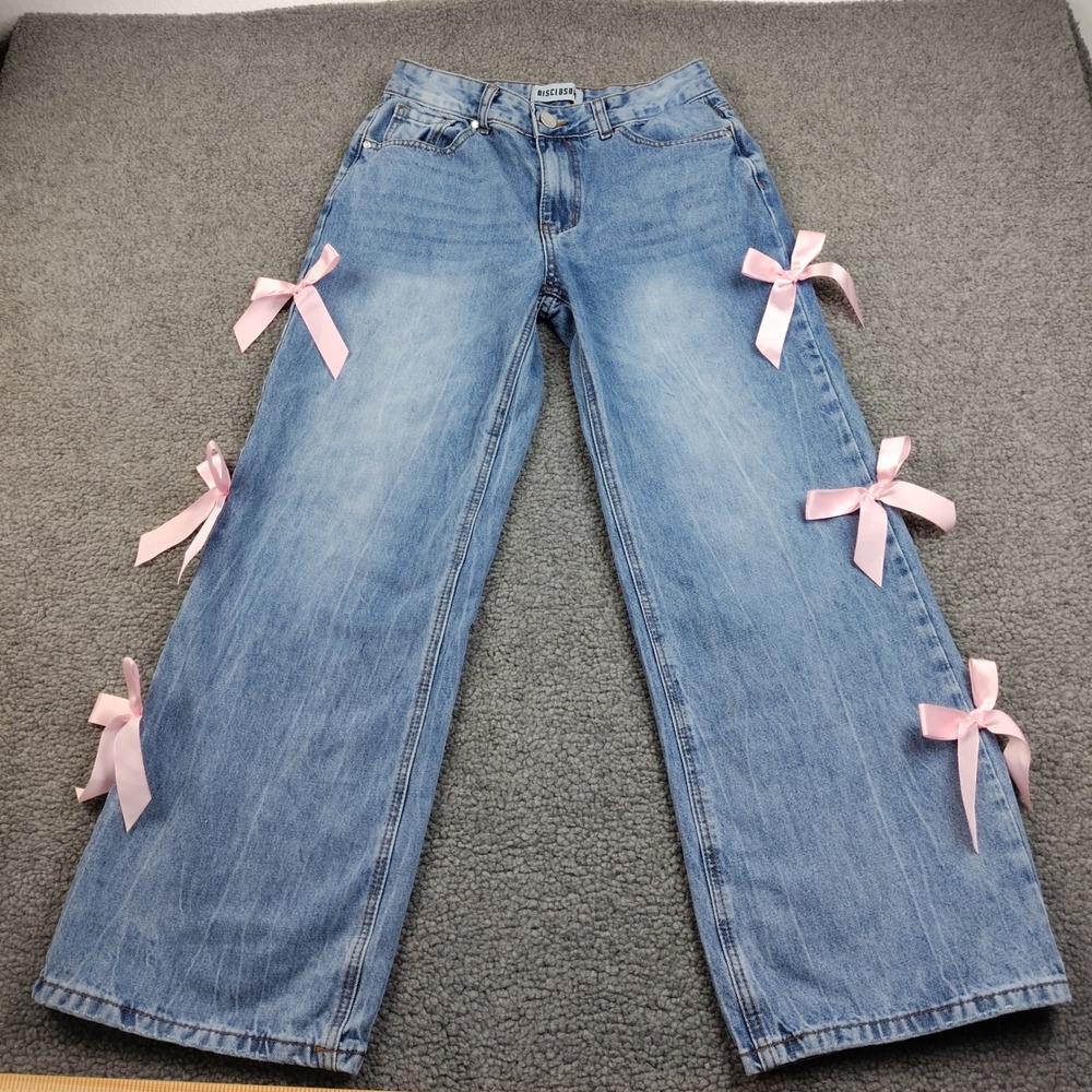 Disclosure Jeans Sz 9/29 Wide Leg Pink Bows Coquette Ribbon Light Wash Baggy